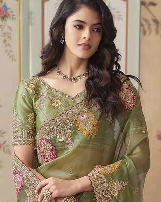 Green embroidered tissue wedding saree with premium embroidered blouse fabric 2