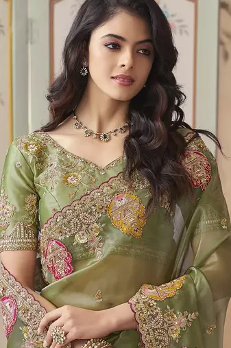 Green embroidered tissue wedding saree with premium embroidered blouse fabric