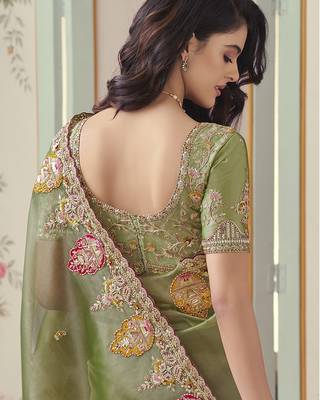 Green embroidered tissue wedding saree with premium embroidered blouse fabric 3