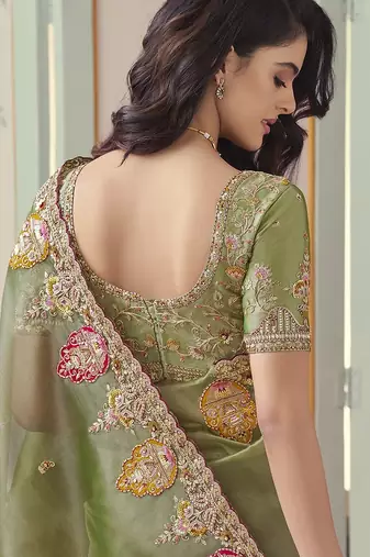 Green embroidered tissue wedding saree with premium embroidered blouse fabric