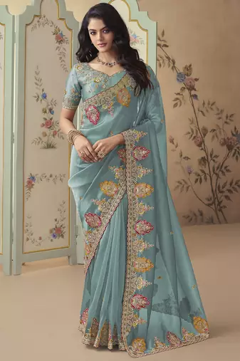 Sky blue embroidered tissue wedding saree with premium embroidered blouse fabric
