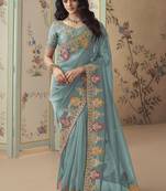 Sky blue embroidered tissue wedding saree with premium embroidered blouse fabric