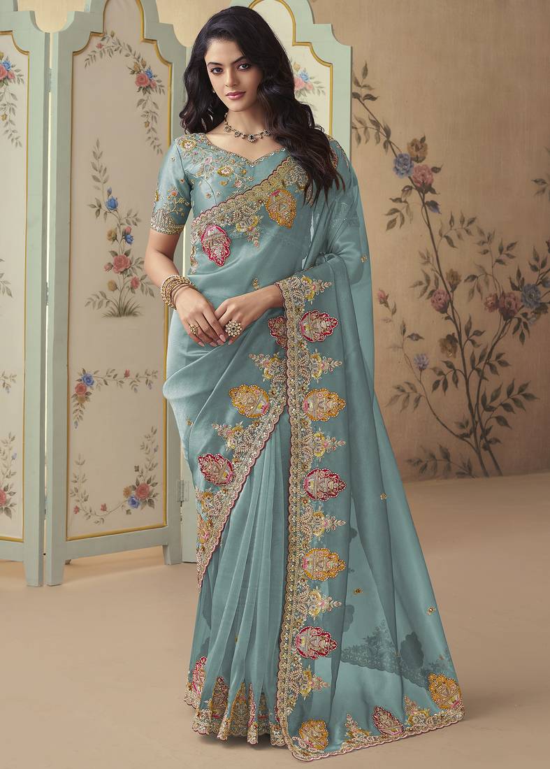 Sky blue embroidered tissue wedding saree with premium embroidered blouse fabric