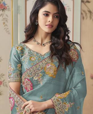Sky blue embroidered tissue wedding saree with premium embroidered blouse fabric 2