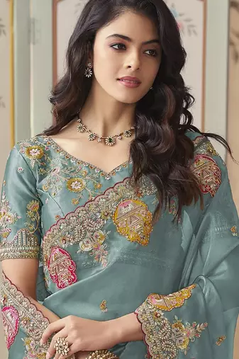 Sky blue embroidered tissue wedding saree with premium embroidered blouse fabric