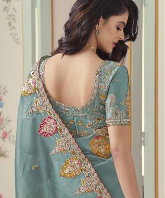 Sky blue embroidered tissue wedding saree with premium embroidered blouse fabric 3