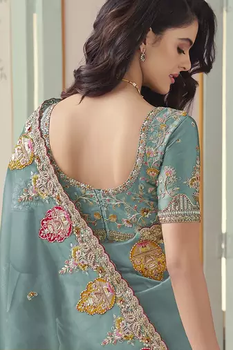 Sky blue embroidered tissue wedding saree with premium embroidered blouse fabric