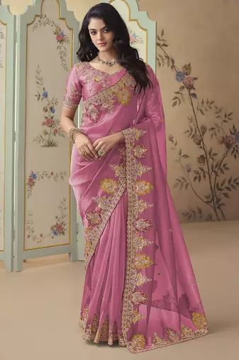 Pink embroidered tissue wedding saree with premium embroidered blouse fabric