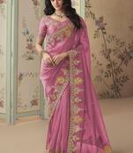 Pink embroidered tissue wedding saree with premium embroidered blouse fabric