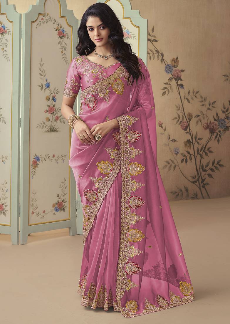 Pink embroidered tissue wedding saree with premium embroidered blouse fabric