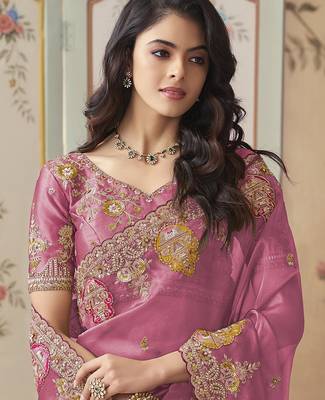 Pink embroidered tissue wedding saree with premium embroidered blouse fabric 2