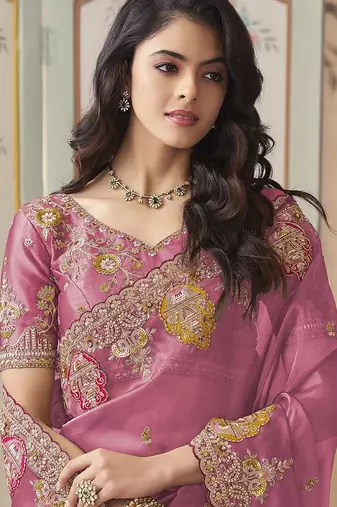 Pink embroidered tissue wedding saree with premium embroidered blouse fabric