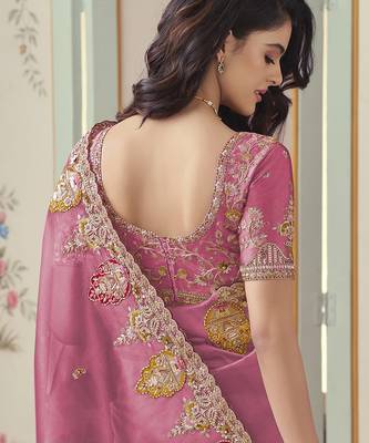 Pink embroidered tissue wedding saree with premium embroidered blouse fabric 3