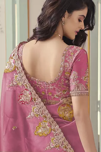 Pink embroidered tissue wedding saree with premium embroidered blouse fabric