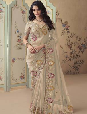 Gold embroidered tissue wedding saree with premium embroidered blouse fabric 1