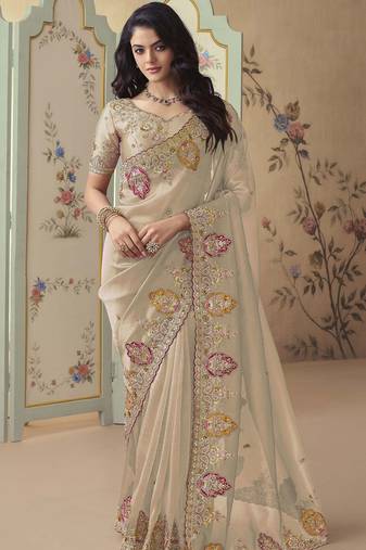 Gold embroidered tissue wedding saree with premium embroidered blouse fabric