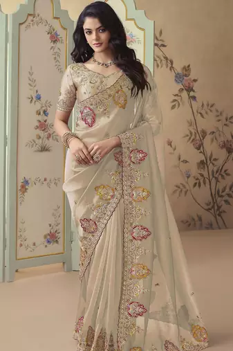 Gold embroidered tissue wedding saree with premium embroidered blouse fabric