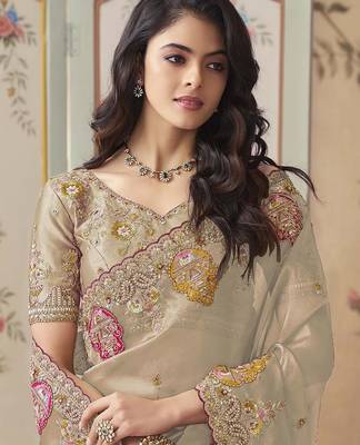 Gold embroidered tissue wedding saree with premium embroidered blouse fabric 2