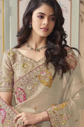 Gold embroidered tissue wedding saree with premium embroidered blouse fabric