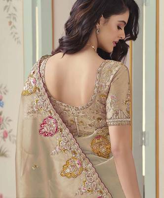 Gold embroidered tissue wedding saree with premium embroidered blouse fabric 3