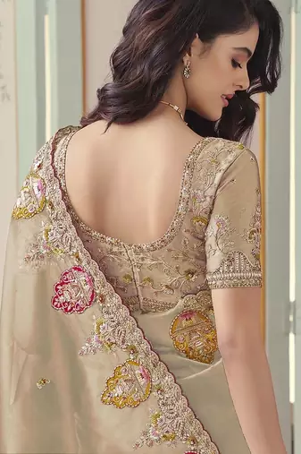 Gold embroidered tissue wedding saree with premium embroidered blouse fabric