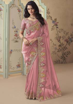 Peach embroidered tissue wedding saree with premium embroidered blouse fabric 1