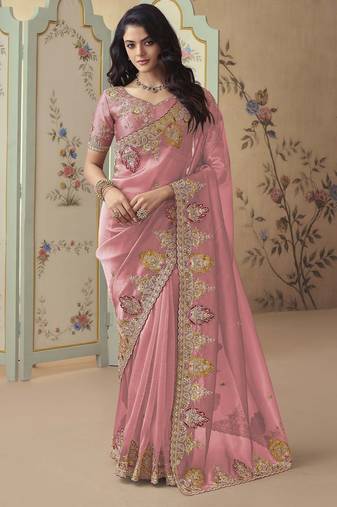 Peach embroidered tissue wedding saree with premium embroidered blouse fabric