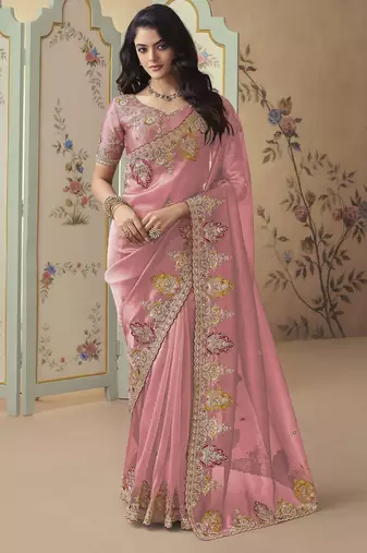 Peach embroidered tissue wedding saree with premium embroidered blouse fabric