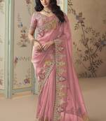 Peach embroidered tissue wedding saree with premium embroidered blouse fabric