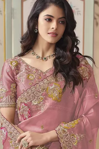 Peach embroidered tissue wedding saree with premium embroidered blouse fabric