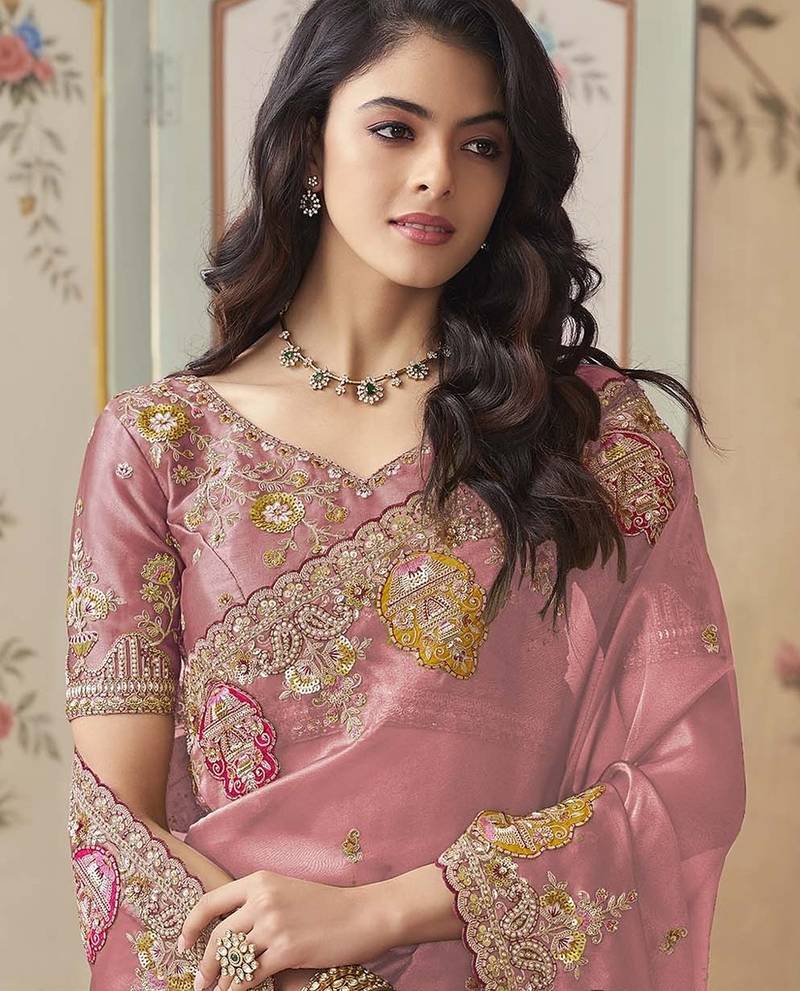 Peach embroidered tissue wedding saree with premium embroidered blouse fabric