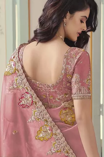 Peach embroidered tissue wedding saree with premium embroidered blouse fabric