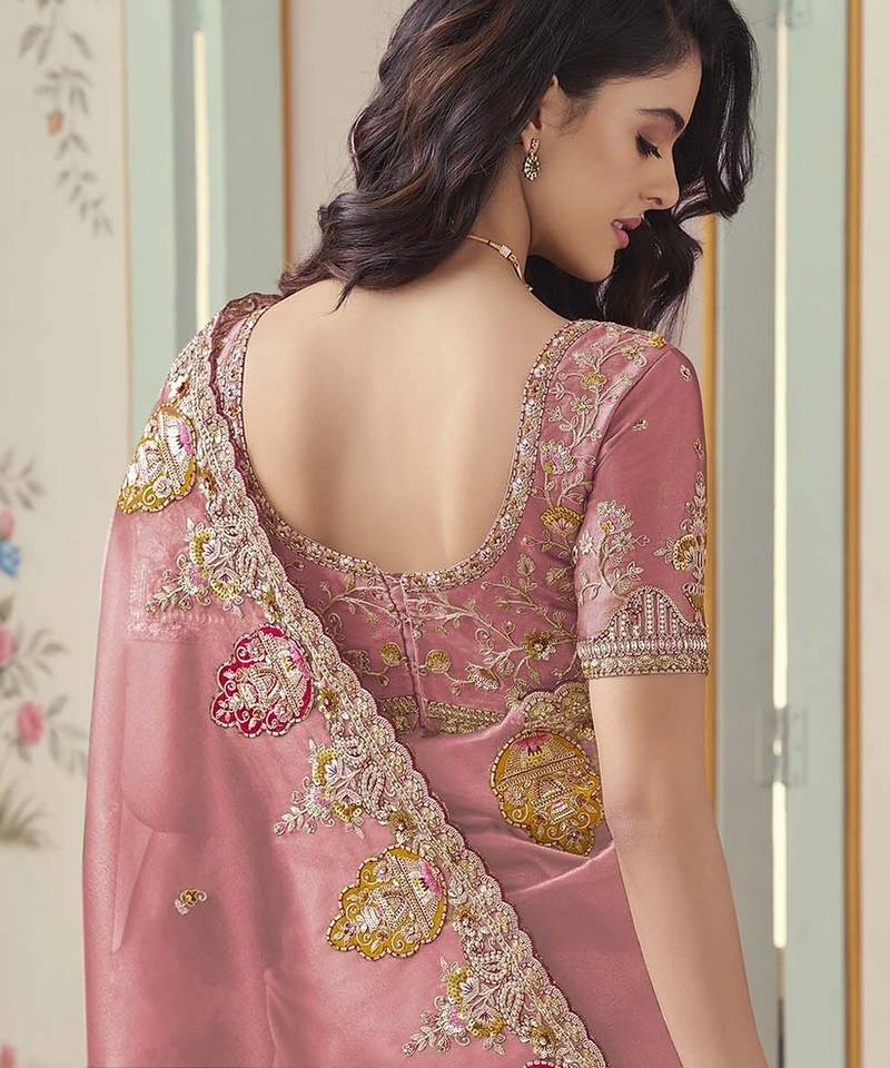 Peach embroidered tissue wedding saree with premium embroidered blouse fabric