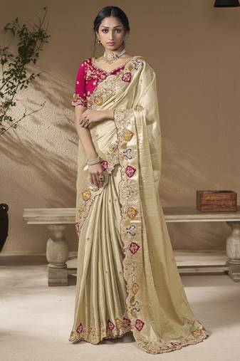 Gold embroidered viscose wedding saree with premium embroidered blouse fabric