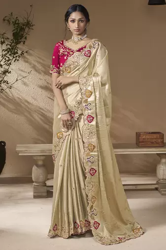 Gold embroidered viscose wedding saree with premium embroidered blouse fabric