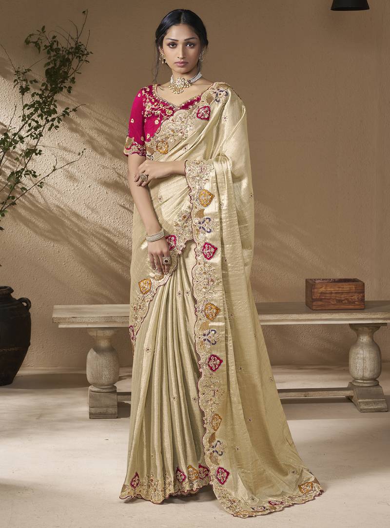 Gold embroidered viscose wedding saree with premium embroidered blouse fabric