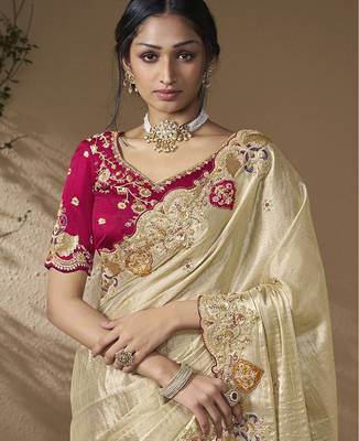 Gold embroidered viscose wedding saree with premium embroidered blouse fabric 2