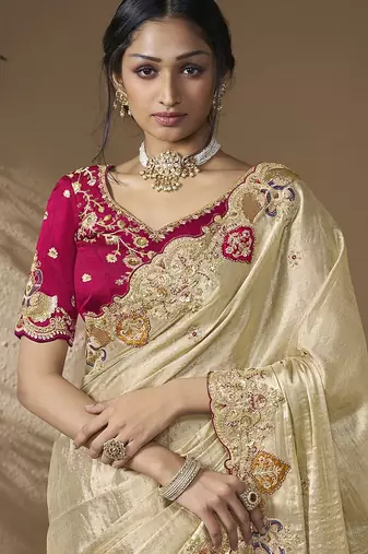 Gold embroidered viscose wedding saree with premium embroidered blouse fabric