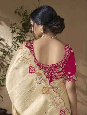 Gold embroidered viscose wedding saree with premium embroidered blouse fabric 3