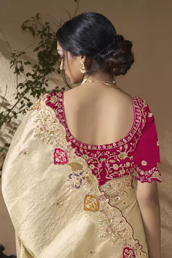 Gold embroidered viscose wedding saree with premium embroidered blouse fabric