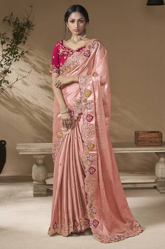 Peach embroidered viscose wedding saree with premium embroidered blouse fabric