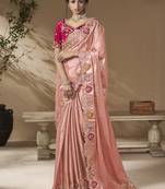 Peach embroidered viscose wedding saree with premium embroidered blouse fabric