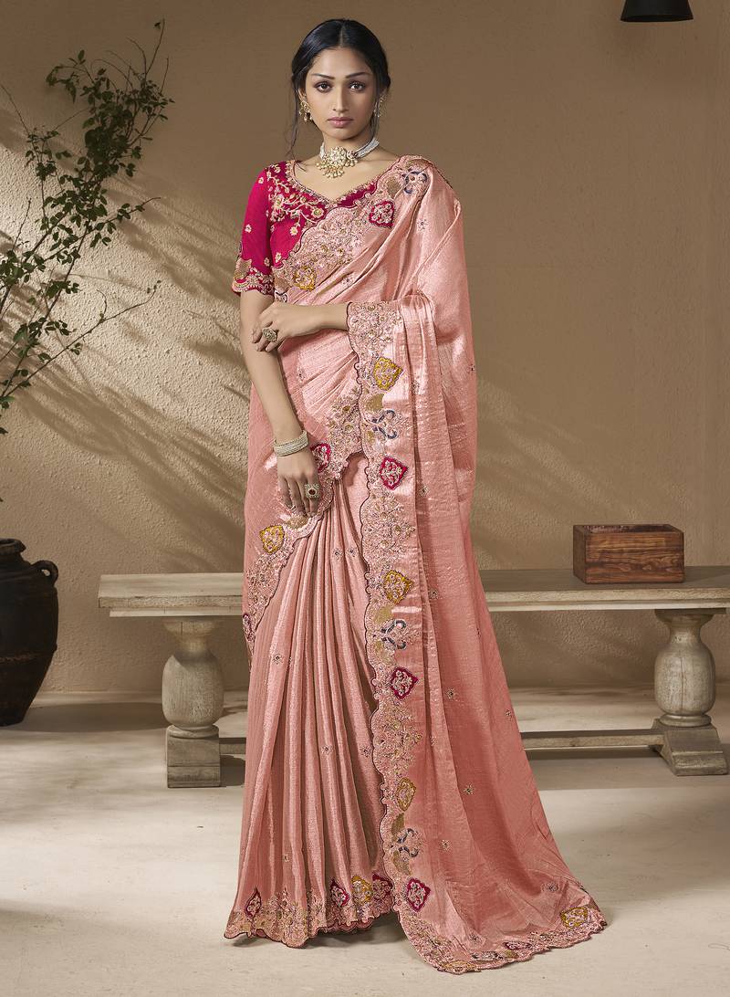 Peach embroidered viscose wedding saree with premium embroidered blouse fabric