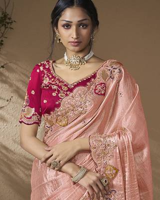 Peach embroidered viscose wedding saree with premium embroidered blouse fabric 2