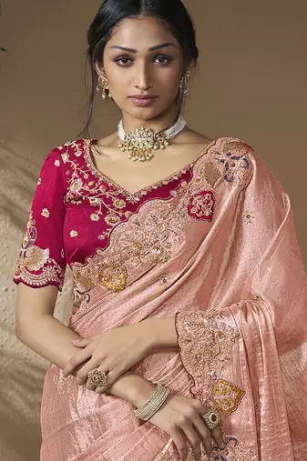 Peach embroidered viscose wedding saree with premium embroidered blouse fabric