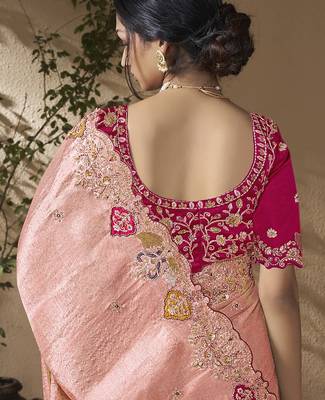 Peach embroidered viscose wedding saree with premium embroidered blouse fabric 3