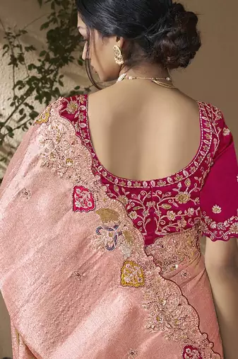 Peach embroidered viscose wedding saree with premium embroidered blouse fabric