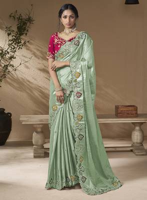 Sea green embroidered viscose wedding saree with premium embroidered blouse fabric 1