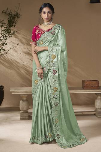 Sea green embroidered viscose wedding saree with premium embroidered blouse fabric