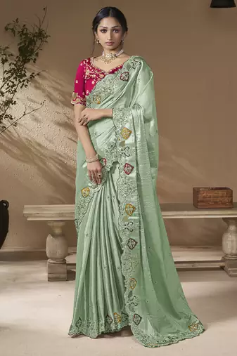 Sea green embroidered viscose wedding saree with premium embroidered blouse fabric